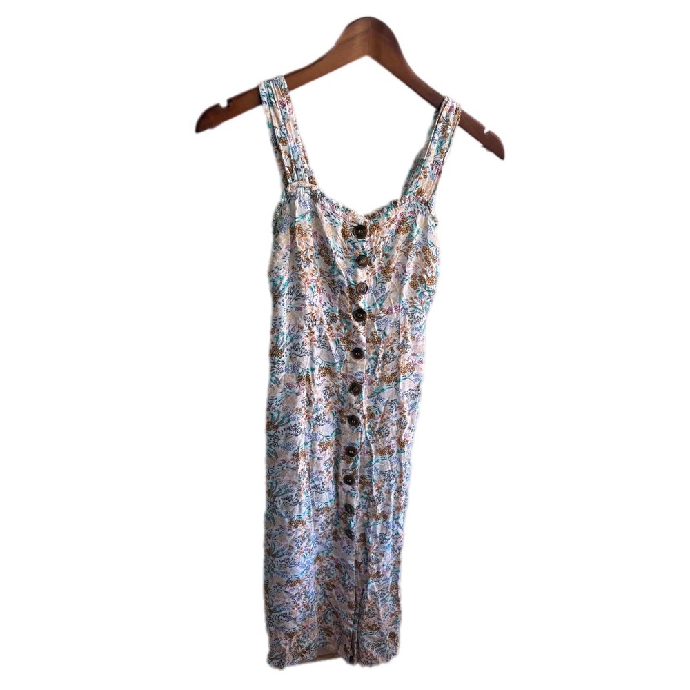 Japna Floral Button Front Midi Dress Women XS White Multi Excellent Smocked Back
